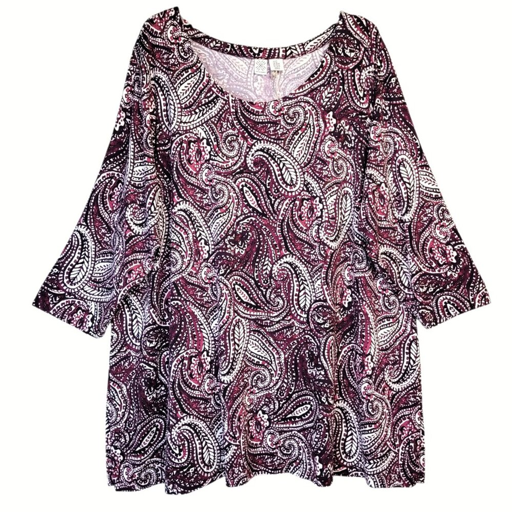 Artisan NY Tunic Top Womens 3X Berry Black Paisley Round Neck 3/4 Sleeve Stretch